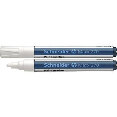 Deux marqueurs de peinture bleus Schneider Maxx 270, capuchons retirés, pointes visibles ; adaptés pour marquer sur différentes surfaces.