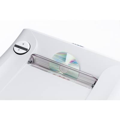 Un CD est détruit dans un destructeur de documents, visible sous un couvercle de protection transparent, avec des touches pour avancer et reculer.