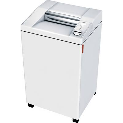 Un destructeur de documents blanc avec des boutons de commande sur le dessus. L'appareil est monté sur quatre roulettes et est destiné à déchiqueter du papier.