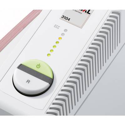Plan rapproché d'un thermostat de chauffage avec un bouton de mise en marche vert et un régulateur de température. Quatre lumières jaunes sont allumées.