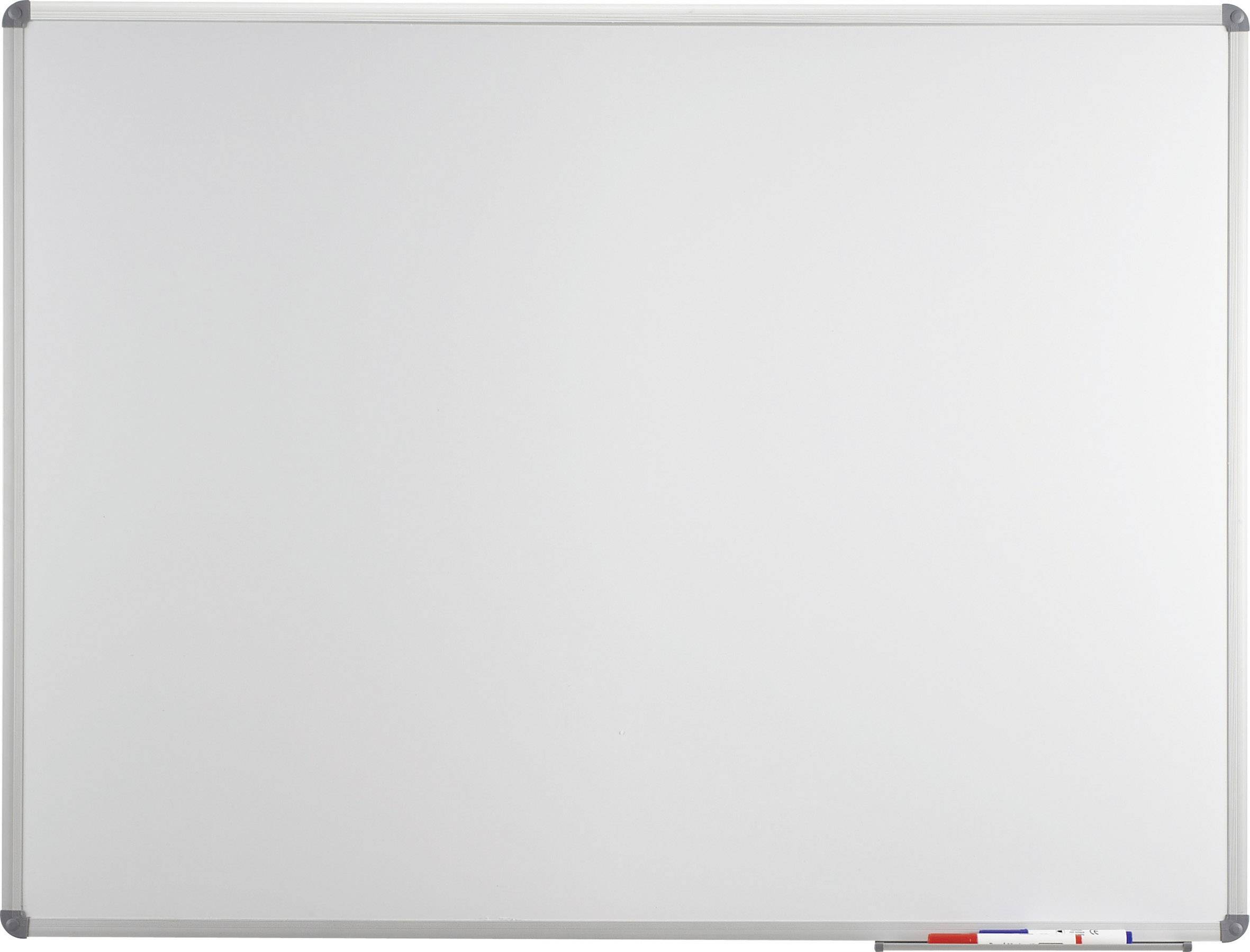 Tableau blanc avec un cadre argenté et des stylos dans un support ; adapté pour les présentations ou les notes.