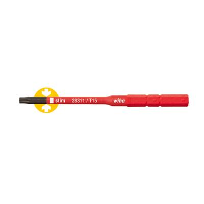 Un tournevis à fente rouge portant l'inscription 'slim 28311/T15' et 'wiha'. Un symbole jaune indique la forme fine de la lame.