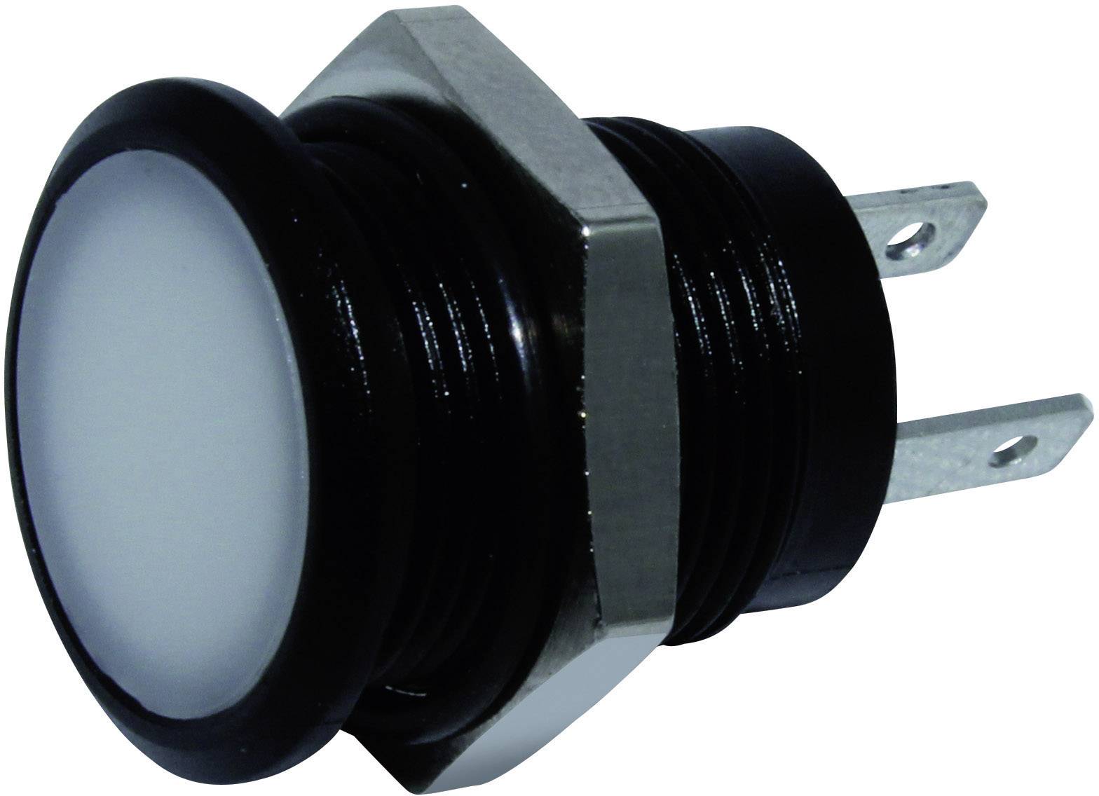 Interrupteur à bouton-poussoir rond avec boîtier noir et deux connexions métalliques, adapté pour la commande d'appareils ou le contrôle de l'éclairage.