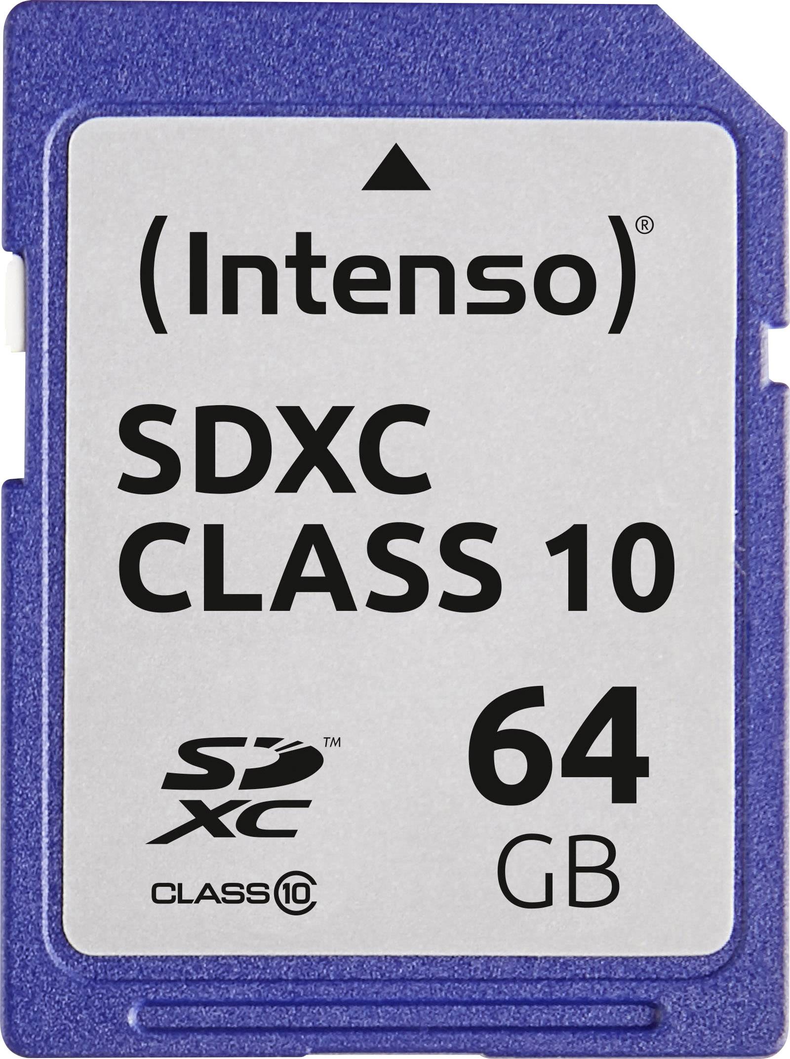 Carte SD d'Intenso de 64 Go, SDXC Classe 10. Adaptée aux appareils photo et autres dispositifs nécessitant une grande capacité de stockage.