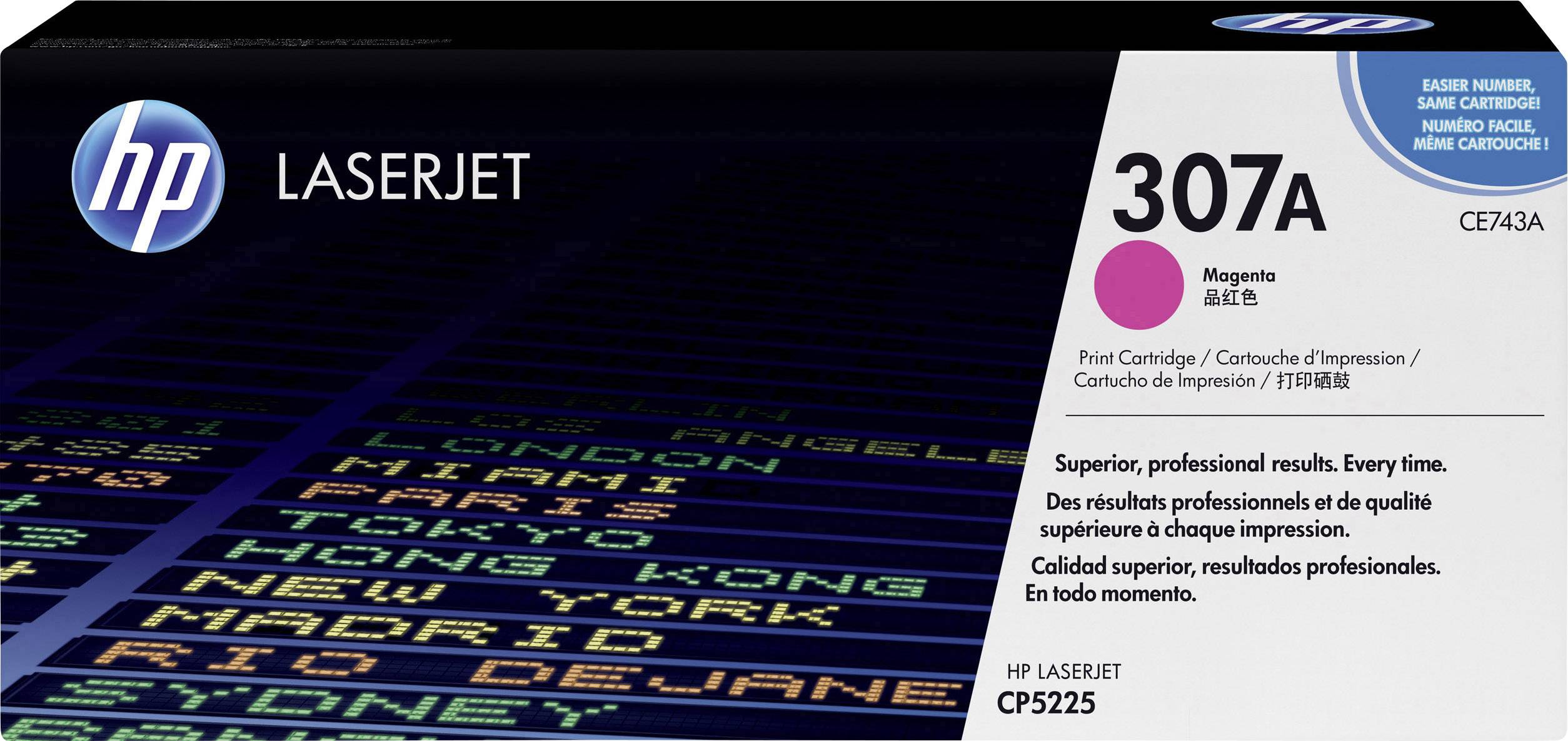 Cartouche de toner HP LaserJet 307A Magenta avec emballage présentant des noms de villes du monde et description du produit multilingue.