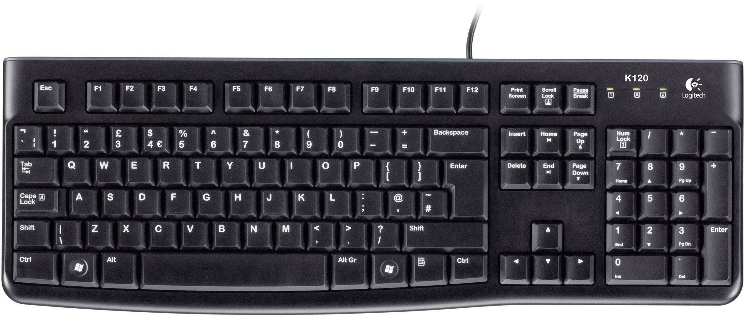 Un clavier noir QWERTY avec un pavé numérique complet et des touches multimédia en haut.