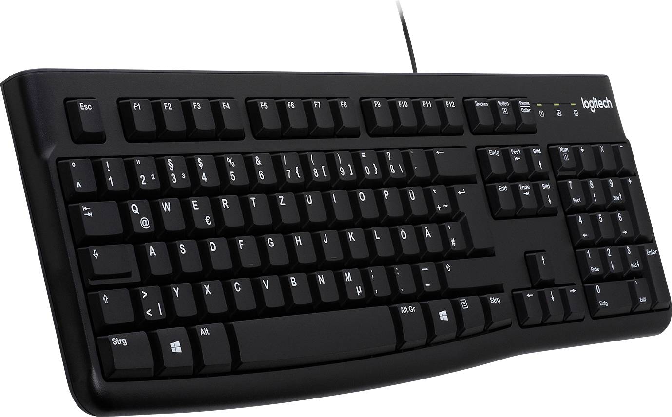 Clavier d'ordinateur noir, filaire, avec disposition allemande QWERTZ, pavé numérique et touches de fonction.