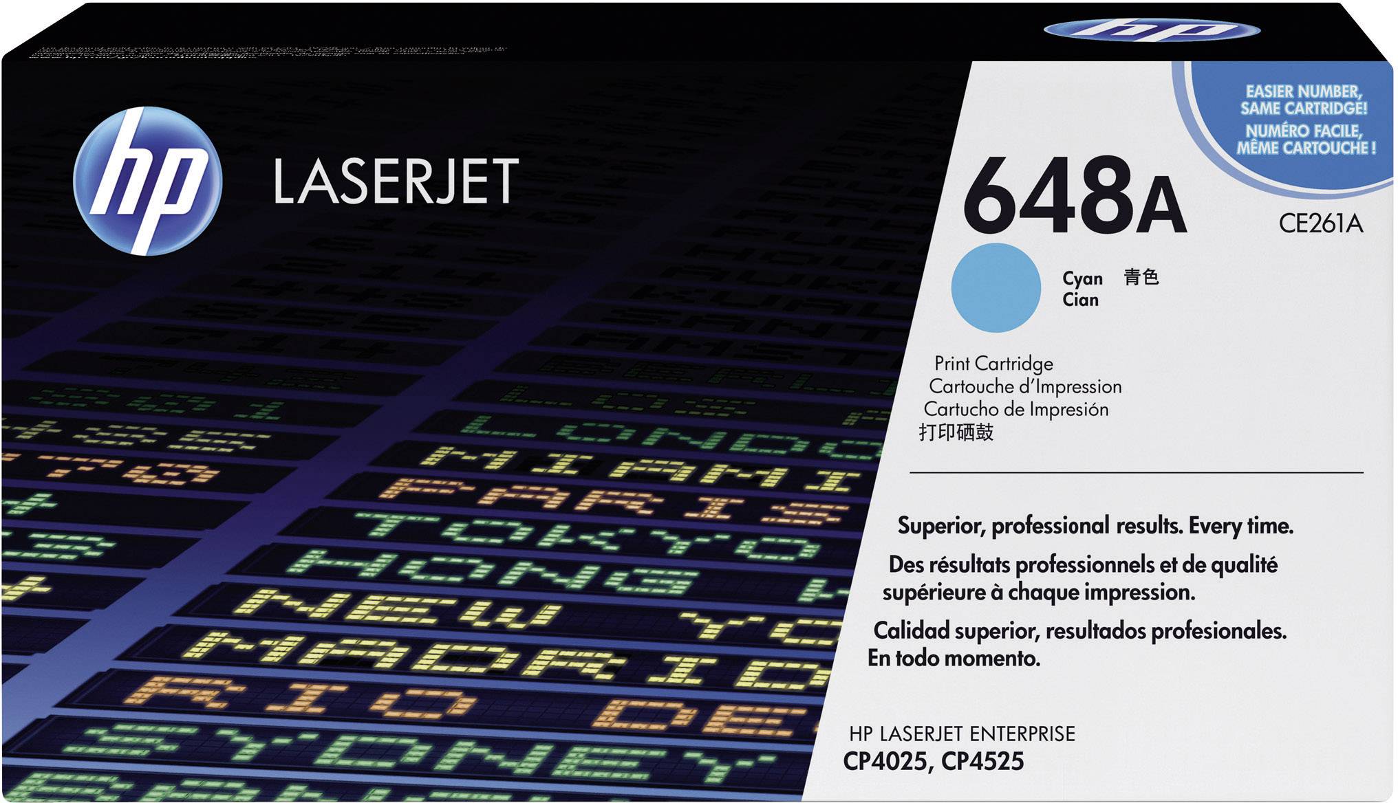 Emballage d'une cartouche d'imprimante HP LaserJet 648A Cyan. Le texte en plusieurs langues met l'accent sur des résultats d'impression professionnels.