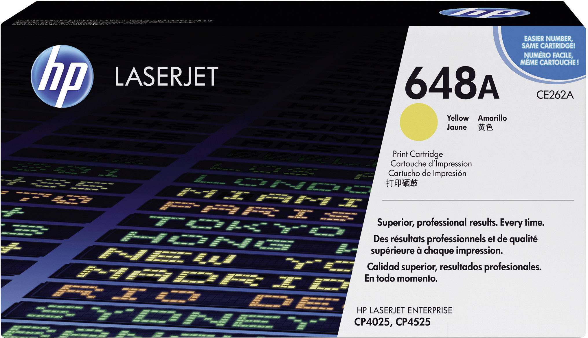 Cartouche de toner HP LaserJet 648A en jaune. Compatible avec les imprimantes CP4025 et CP4525. L'emballage affiche du texte dans différentes langues.