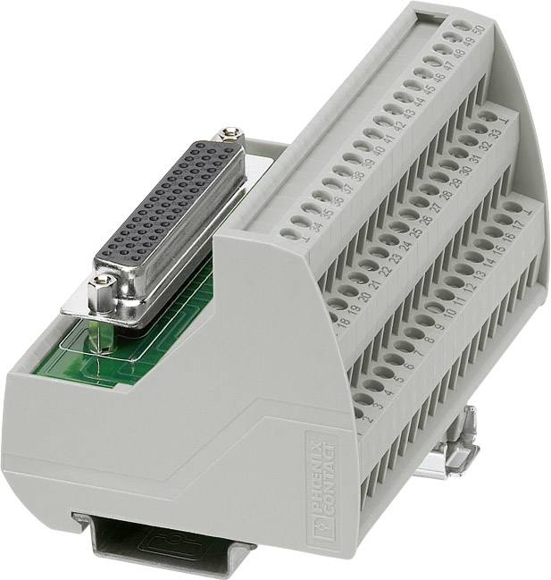 Un bloc de connexion électrique gris multi-étages avec plusieurs points de connexion, comprenant un module électronique.