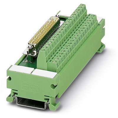 Module de connexion électrique vert avec plusieurs bornes de raccordement et un connecteur, utilisé pour l'organisation des câbles.