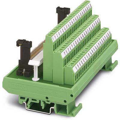 'Connecteur enfichable de circuit imprimé vert et étagé de Phoenix Contact avec plusieurs rangées de bornes, adapté pour rail DIN.'