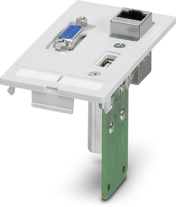 Un panneau de connexion mural avec des ports VGA et réseau sur une carte de circuit imprimé. Utilisé pour connecter des appareils via ces interfaces.
