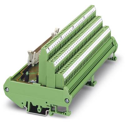 Barrette de connexion verte à plusieurs points de raccordement, montée sur un rail DIN, utilisée pour les circuits électriques dans les armoires de commande.
