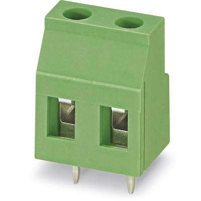 Bloc de connexion bipolaire vert avec deux trous et deux bornes à broches, couramment utilisé dans les circuits électroniques.