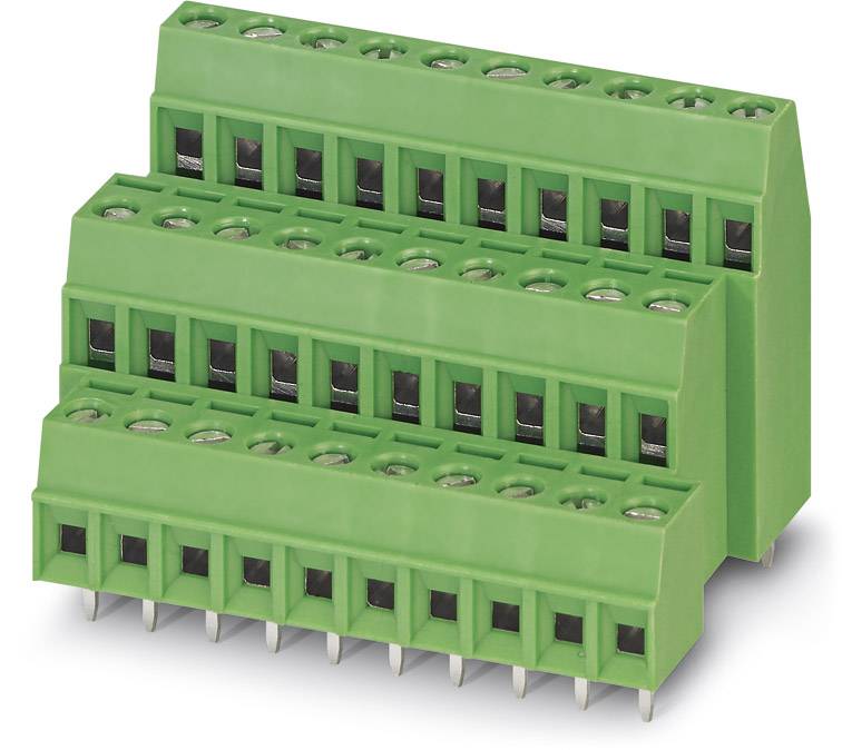 Borniers verts à plusieurs niveaux, avec plusieurs rangées de points de connexion, utilisés pour le câblage électrique.