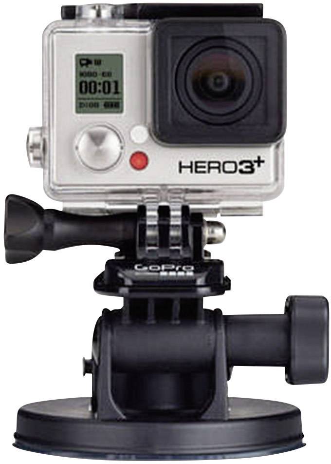 Une caméra d'action sur un support de montage. Elle montre l'écran avec l'affichage '00:01' et l'inscription 'HERO3+' sur l'avant.