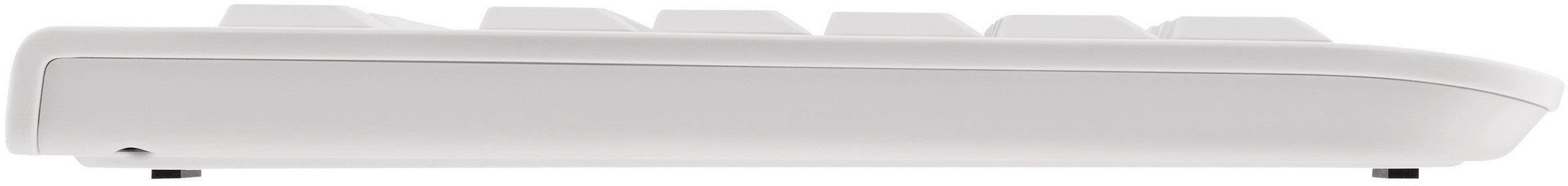 Vue latérale d'un clavier d'ordinateur blanc avec des touches surélevées.