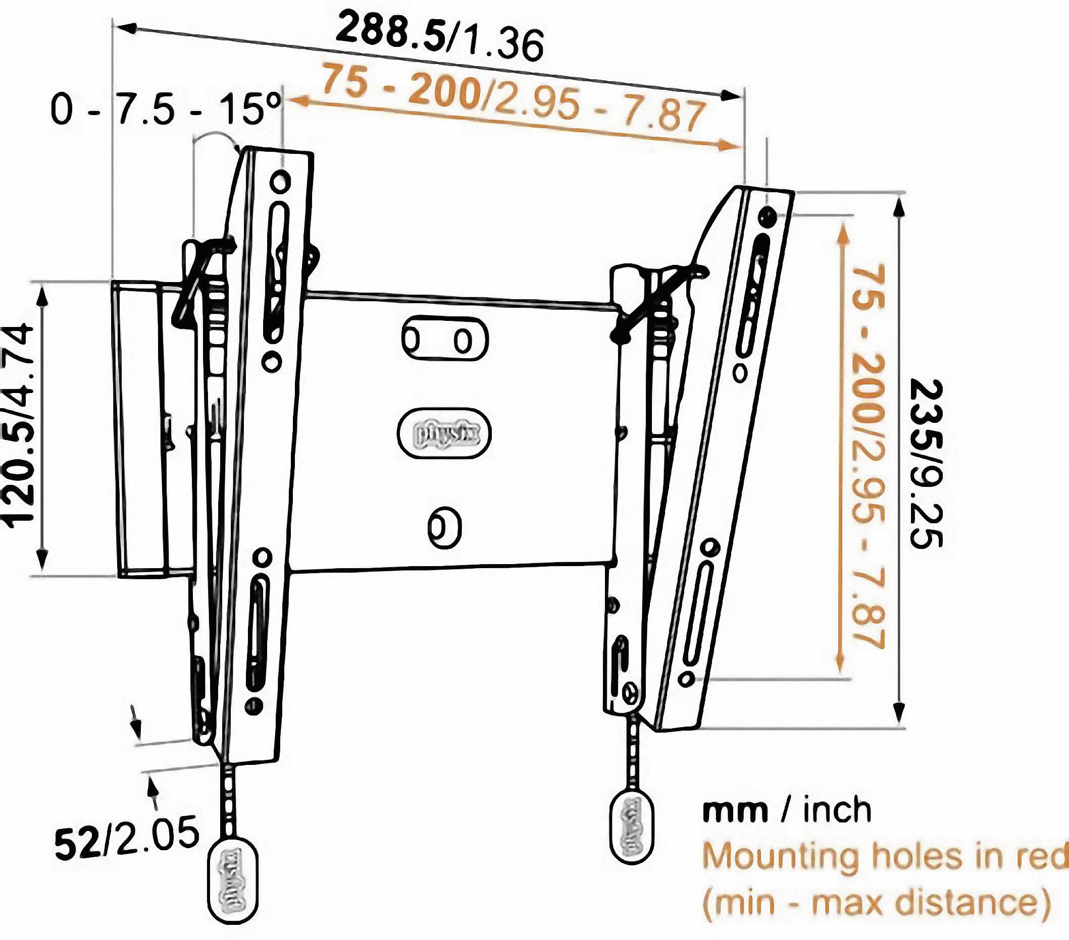 Support mural pour téléviseur avec angle d'inclinaison réglable (0° à 15°). Dimensions : largeur 288,5 mm, hauteur 235 mm. Écart entre les trous de montage : 75 mm à 200 mm.