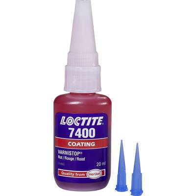 Bouteille rouge portant l'inscription « Loctite 7400 Coating ». Contient « Varnistop » et dispose de deux embouts applicateurs bleus.