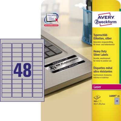 Avery-Zweckform L6009-20 Etiquette 45.7 x 21.2 mm film de polyester argent 960 pc(s) permanente Etiquette plaques signal