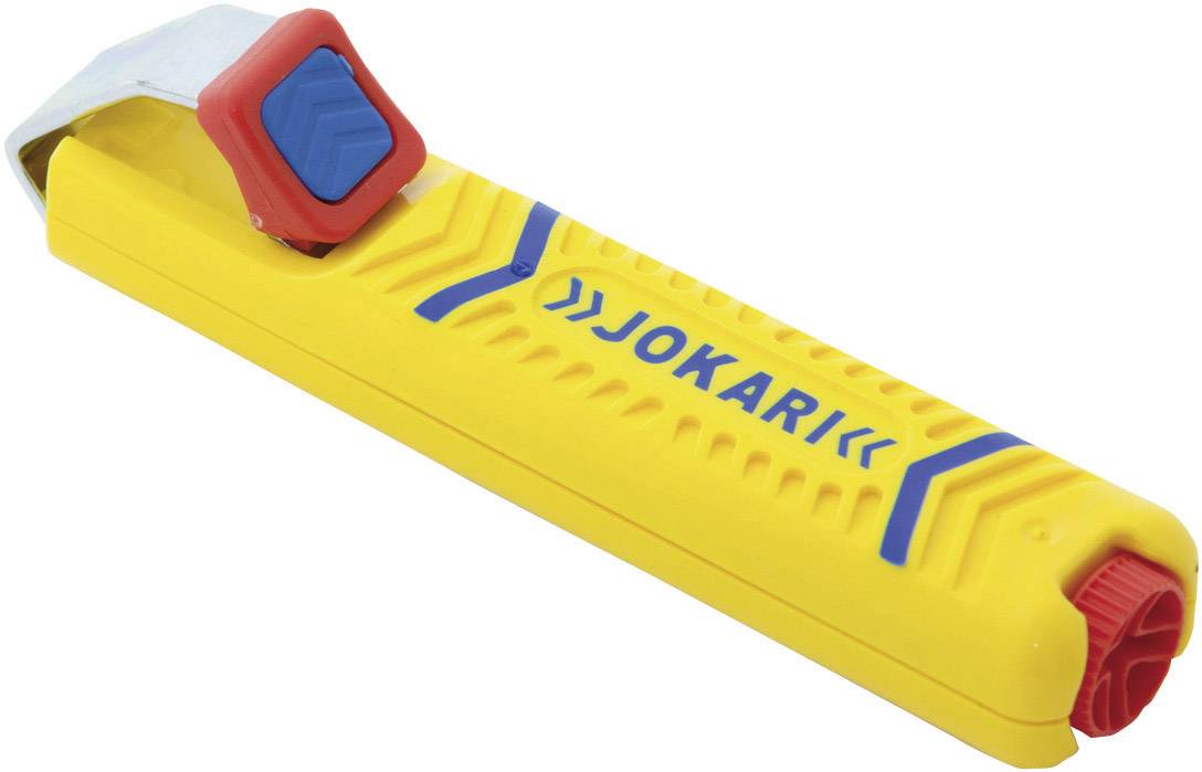 Un couteau à dénuder jaune avec un manche rouge, portant l'inscription 'Jokari', utilisé pour retirer l'isolation des câbles.