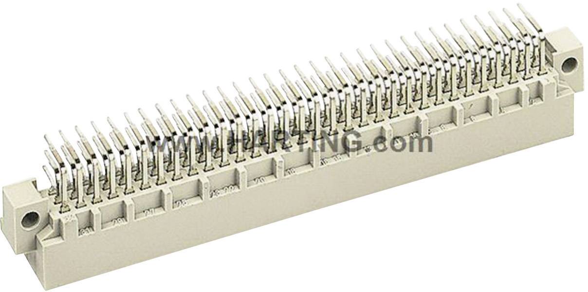 Un connecteur à 96 broches pour circuits électroniques avec boîtier en plastique et broches de contact en métal, vue de dessus.