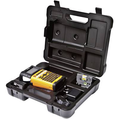 Une boîte à outils ouverte contient un appareil de marquage portable avec un boîtier jaune, une cassette de bande, un bloc d'alimentation et un câble.