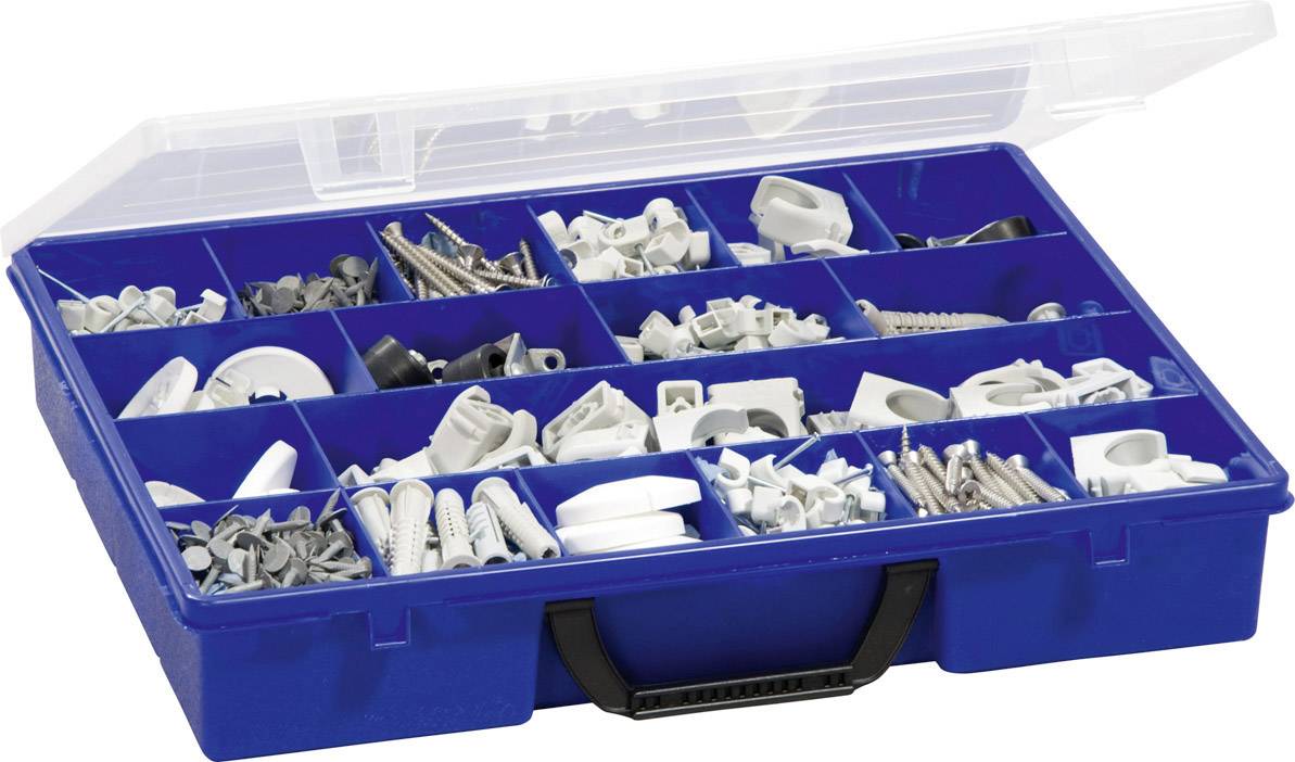 Une boîte en plastique bleu avec un couvercle transparent, remplie de différentes vis, chevilles et éléments de fixation dans des compartiments séparés.