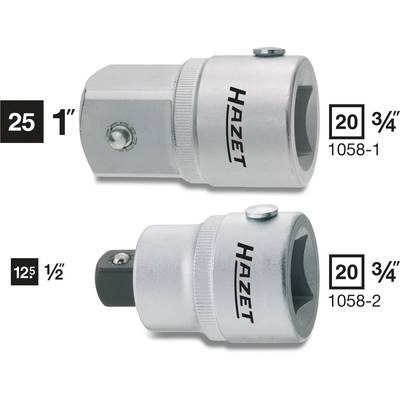 Deux adaptateurs argentés de Hazet pour clés à douille. Celui du haut a des dimensions de 25 mm sur 1 pouce, celui du bas de 12,5 mm sur 1/2 pouce.