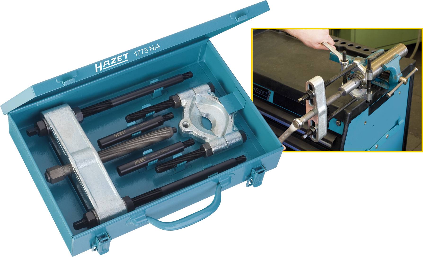 Une valise contenant un jeu d'extracteurs Hazet. Sur la petite image à droite, l'outil est démontré sur un morceau de métal.