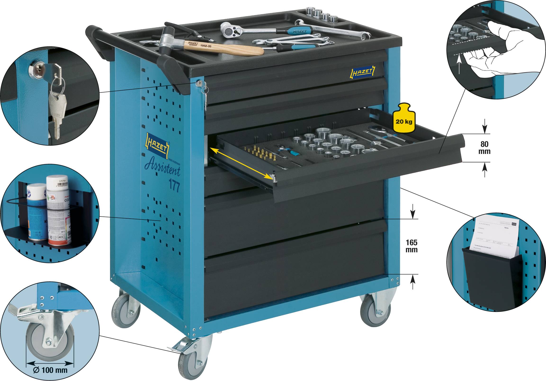 Un chariot d'atelier bleu avec des outils, un tiroir ouvert et des compartiments. Contient des clés à molette, des douilles et des aérosols.