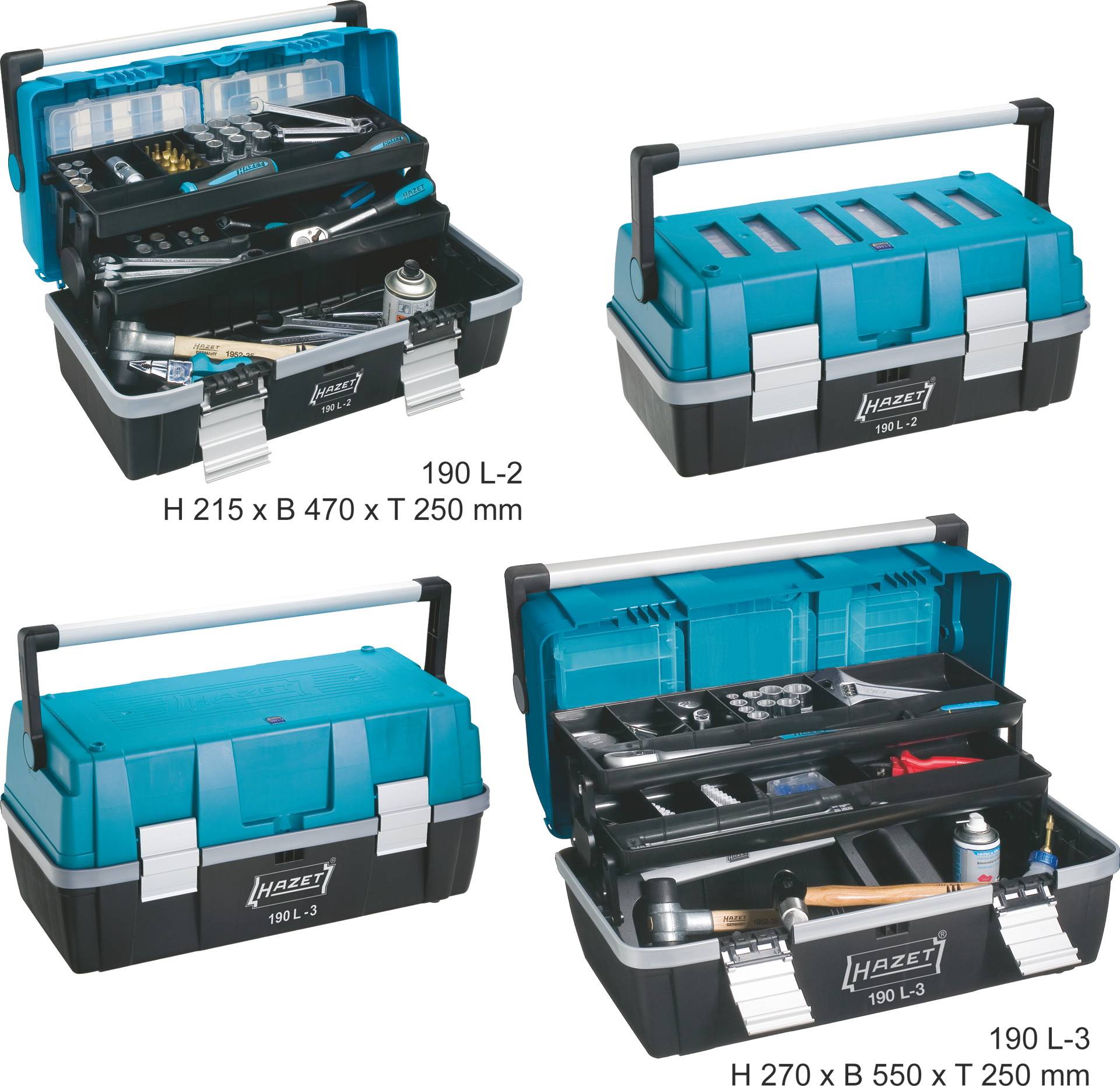 Deux boîtes à outils bleues avec des éléments noirs et gris. Une plus petite (190 L-2), une plus grande (190 L-3) avec une vue ouverte et un insert pour outils.