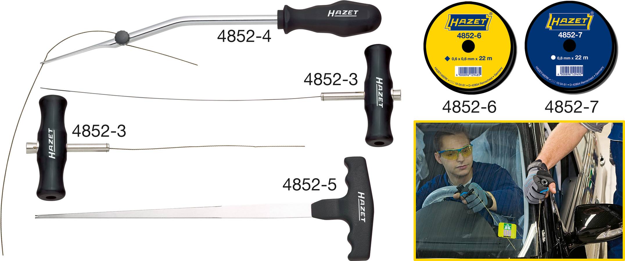 Un ensemble d'outils HAZET pour le retrait des vitres de voiture, comprenant des fils et des poignées. Une image illustre l'utilisation des outils.