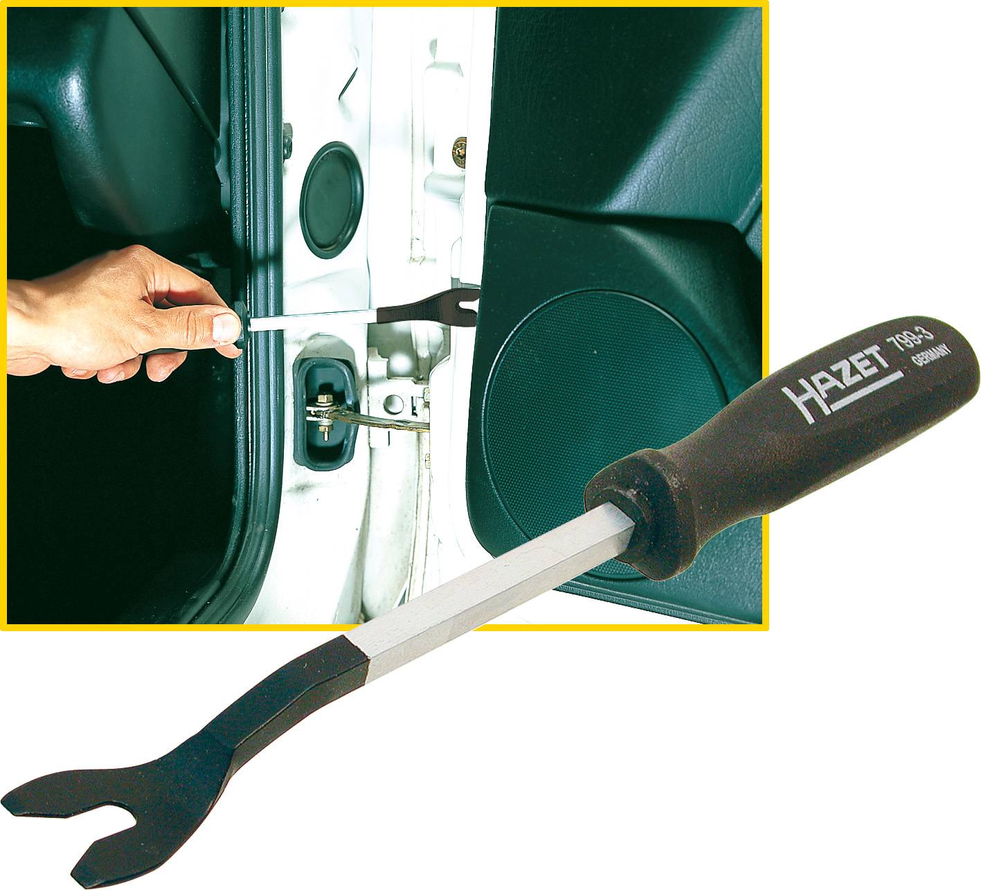Outil HAZET 183-3 pour clips de garniture de porte, montrant son application sur une portière de voiture.