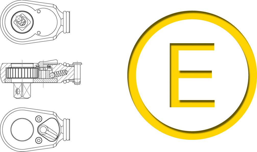 Dessin technique d'une pièce mécanique avec une vue en coupe à gauche et un grand E jaune dans un cercle à droite.
