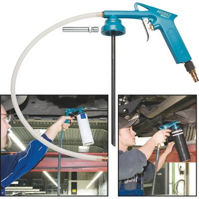 Outil de maintenance automobile : En haut, un pistolet de nettoyage de moteur, en bas deux images montrant des applications de nettoyage sous un véhicule.