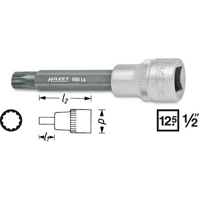 Embout Torx Hazet, modèle 990 Lg, à utiliser avec une clé à douille de 1/2 pouce. Des dessins techniques illustrent les dimensions.