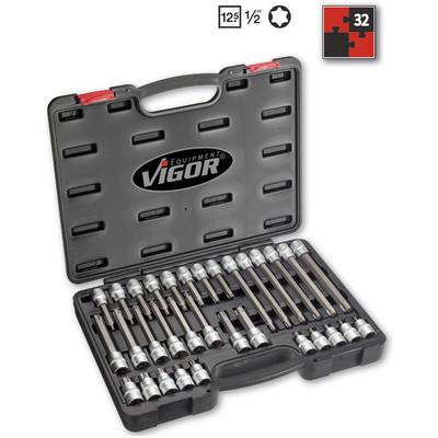 Coffret à outils noir VIGOR avec un jeu de clés à douille de 32 pièces. Comprend des rallonges et des adaptateurs de différentes tailles.