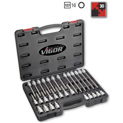 Coffret à outils de la marque 'Vigor' contenant 30 douilles de différentes tailles, avec une housse noire et une poignée de transport.