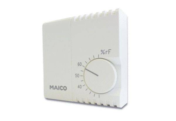 Un hygrostat blanc avec bouton rotatif, échelle de 30 à 90 %HR, marque 'MAICO'.