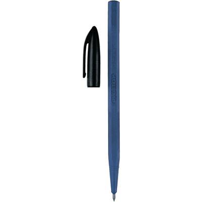 Un stylo à bille bleu avec un capuchon noir amovible, placé en diagonale.