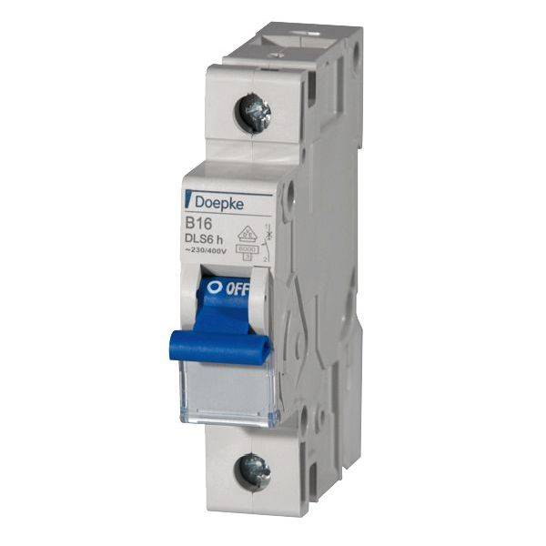 Un disjoncteur unipolaire Doepke, modèle B16 DLS6 h, indique la position d'interrupteur 'OFF', adapté pour 230/400V.
