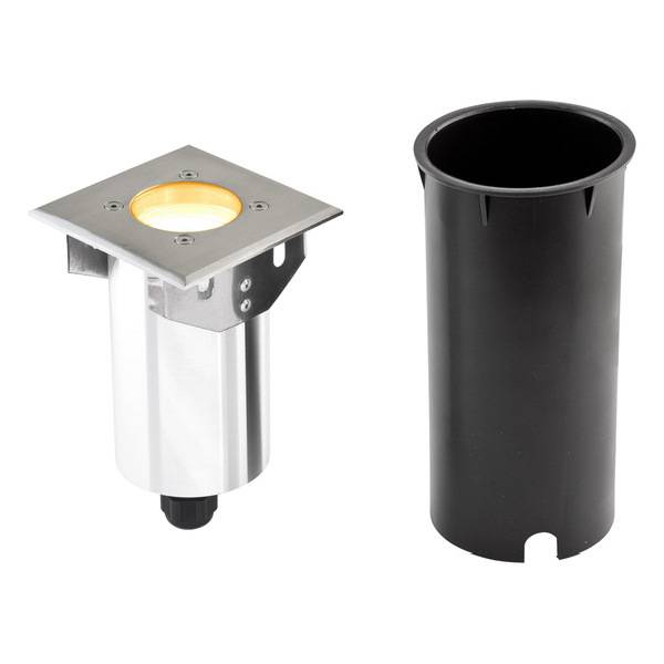 Spot encastrable (à gauche) avec plaque carrée, LEDs visibles. À droite, un boîtier d'encastrement noir assorti.