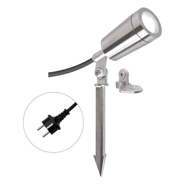 Projecteur en acier inoxydable avec piquet de terre et fiche. Adapté à l'extérieur. Présente un système de fixation flexible et un raccordement électrique.