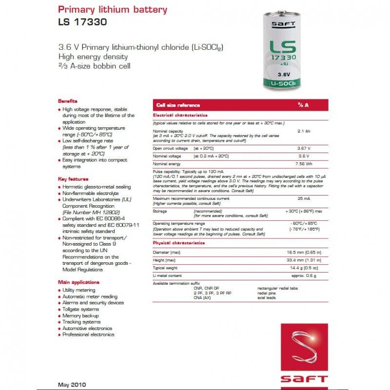 Saft Lithium LS-17330 3,6 V 2,1 Ah avec patte de soudure en U-2
