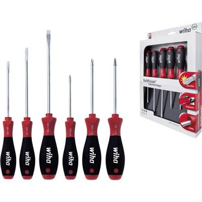 Six tournevis avec des poignées rouges et noires, rangés dans un coffret. Nom de marque 'Wiha' sur les poignées et l'emballage.