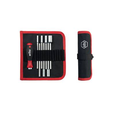 Coffret de tournevis avec manche et cinq embouts différents dans une pochette noire et rouge avec le logo Wiha.