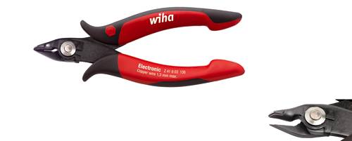 Pince coupante électronique 'Wiha' en rouge et noir, design robuste, adaptée aux travaux de coupe précis sur des composants électroniques.