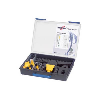 Coffret à outils 'MaxiFlex' de 20 pièces, triées par couleurs. Une liste du contenu est imprimée sur le couvercle.